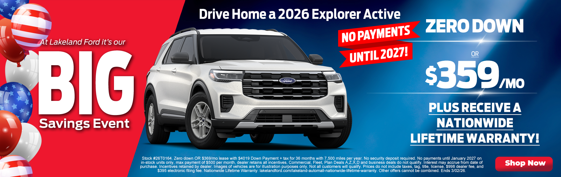 Drive a 2026 Explorer Active $359/mo OR ZERO DOWN